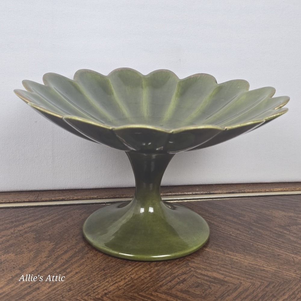 Pedestal Flower Bowl Dish Cake Plate Green Pottery Anthony Freeman Style MCM 9"
